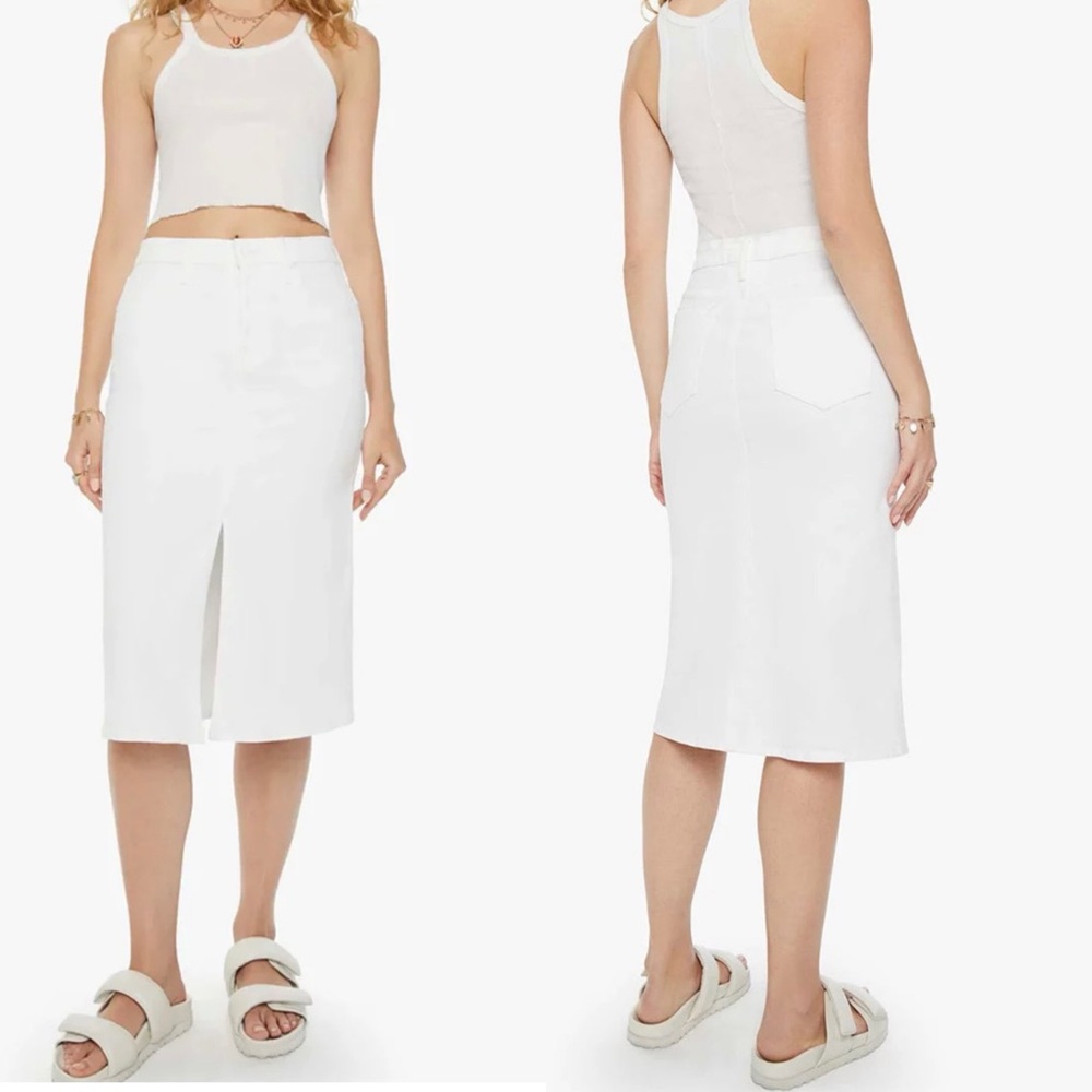 Mother Vagabond Front Slit Denim Midi Skirt White NWT Sz 28 | High Rise Chic